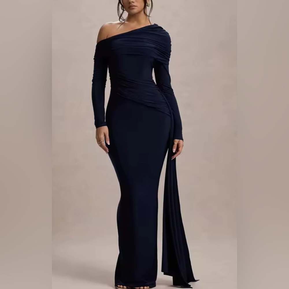 NEW $98 Alyssa London Long Sleeve Maxi Ruched Neck Maxi Dress